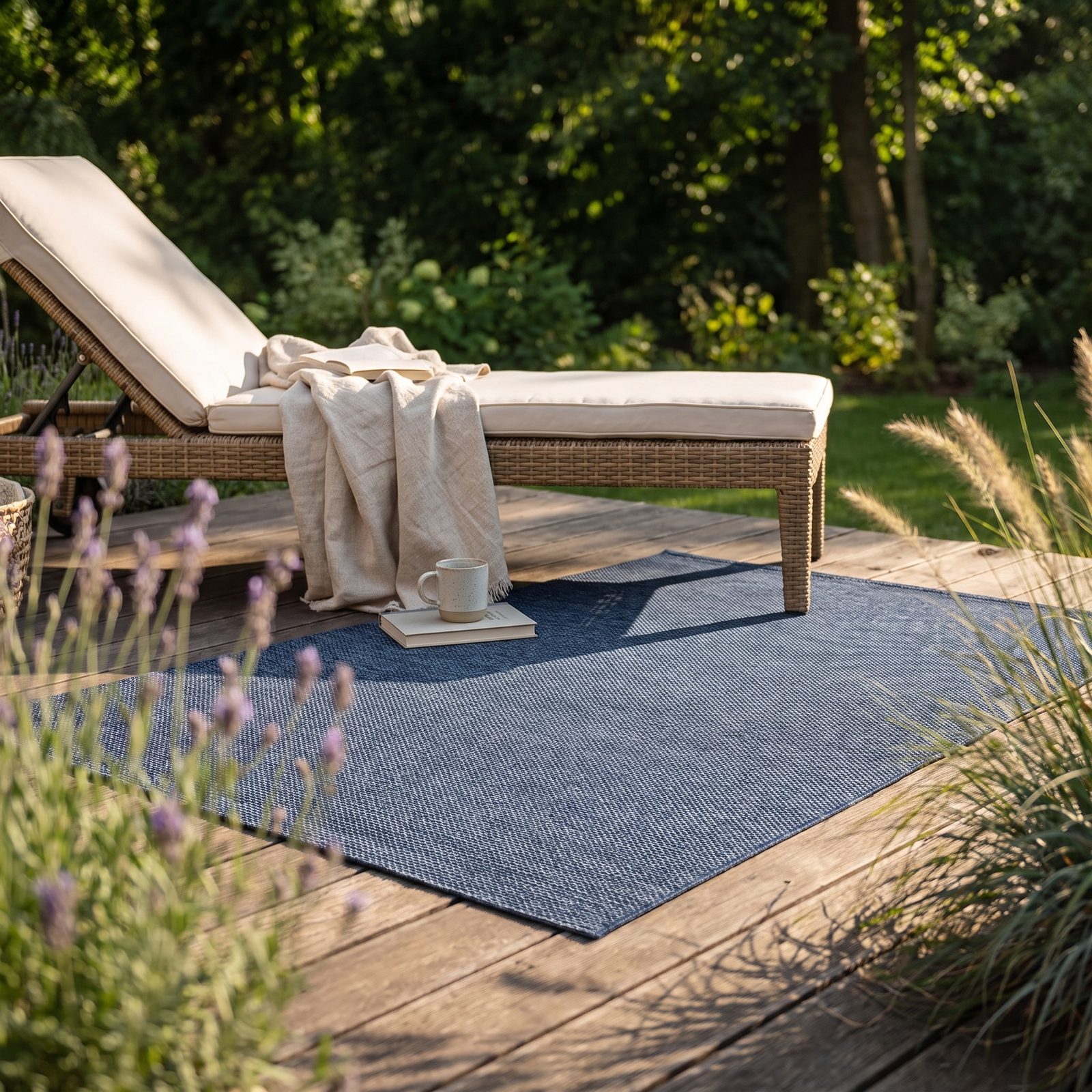 Arezzo — Gartendeck mit Rattan-Sessel, Lavendel im Vordergrund